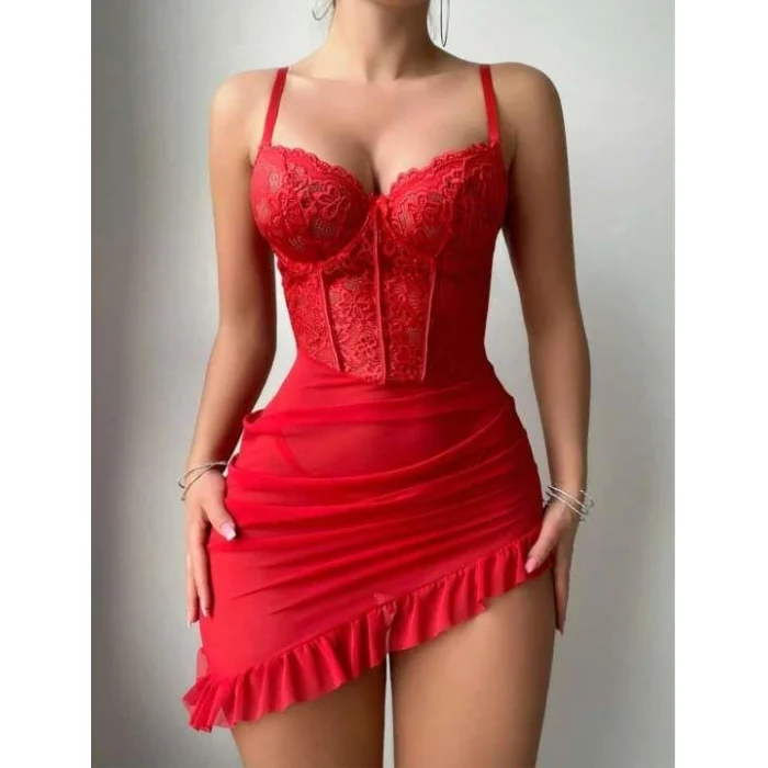 Luz&Pos Arias Closet Fırfırlı Dantel İşlemeli Tül Fantezi Kırmızı Gecelik