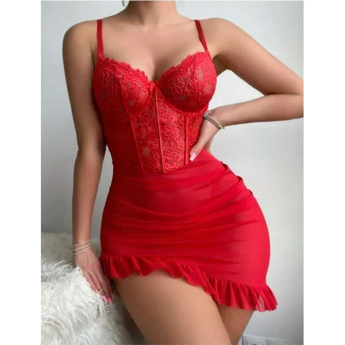 Luz&Pos Arias Closet Fırfırlı Dantel İşlemeli Tül Fantezi Kırmızı Gecelik