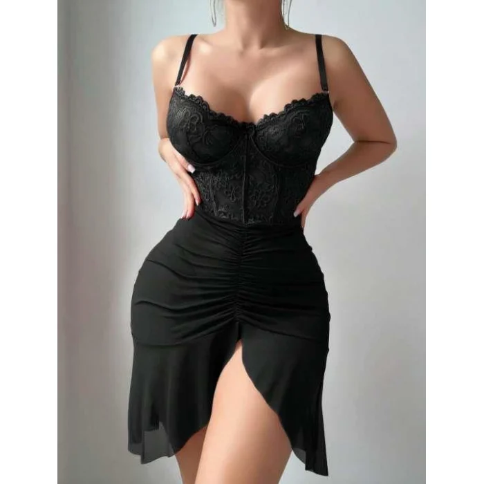 Luz&Pos Arias Closet Fırfırlı Dantel İşlemeli Tül Fantezi Siyah Gecelik