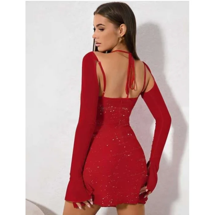 Luz&Pos Arias Closet Kırmızı Yırtmaç Detay Simli Fantezi Mini Club Elbisesi