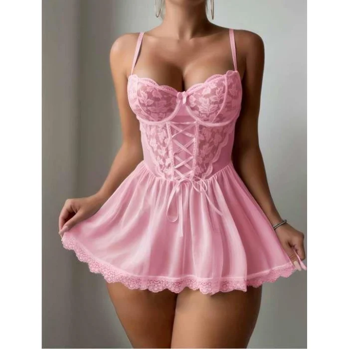 Luz&Pos Arias Closet Özel Tasarım Pembe Dantel İşlemeli Tül Fantezi Gecelik