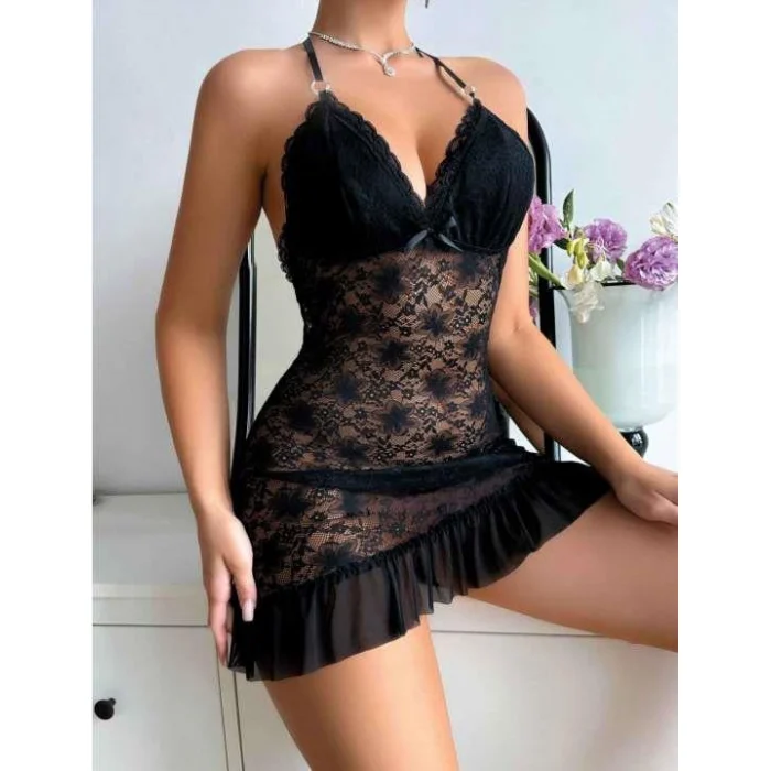 Luz&Pos Arias Closet Siyah Dantel İşlemeli Boyundan Bağlamalı Likralı Fantezi Tül Gecelik