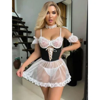 Luz&Pos Arias Closet Beyaz Dantel İşlemeli Büstiyerli Fantezi Tül Gecelik