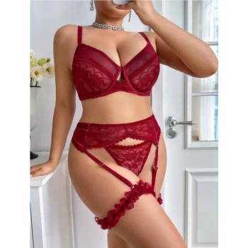 Luz&Pos Arias Closet Büyük Beden Bordo Dantel İşlemeli Sütyenli Fantezi Jartiyer Takımı