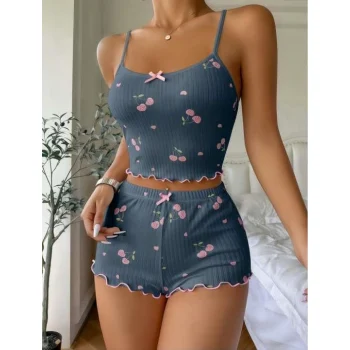 Luz&Pos Arias Closet Mavi Kiraz Desenli Askılı Şortlu Pijama Takımı