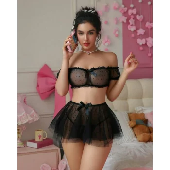 Luz&Pos Arias Closet Siyah Transparan Fantezi Tül Etekli Sütyen Takımı