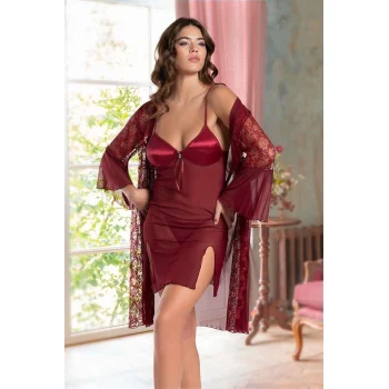 Luz&Pos Arias Closet Bordo Transparan Dantel İşlemeli Tül Yırtmaçlı 2li Gecelik Takımı