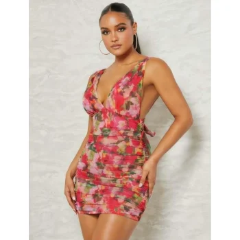 Luz&Pos Arias Closet Çiçek Desenli Büzgülü Arkadan Bağlamalı Fantezi Elbise