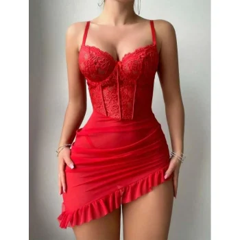 Luz&Pos Arias Closet Fırfırlı Dantel İşlemeli Tül Fantezi Kırmızı Gecelik