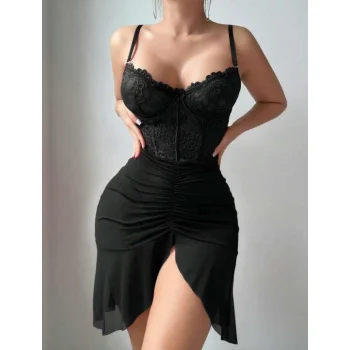 Luz&Pos Arias Closet Fırfırlı Dantel İşlemeli Tül Fantezi Siyah Gecelik