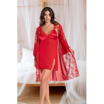Luz&Pos Arias Closet Transparan Dantel İşlemeli Tül Yırtmaçlı 2li Kırmızı Gecelik Takımı