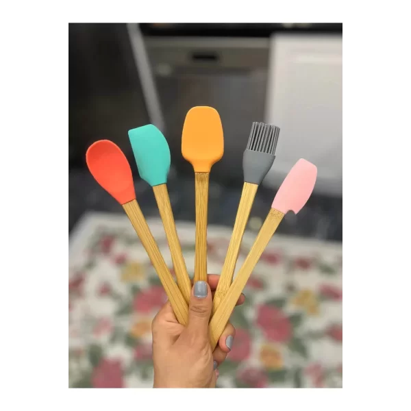 5&#39;li Renkli Ahşap Saplı Silikon Uçlu Spatula Fırçalı Kaşık Seti -yemek Hazırlık Seti 21 Cm