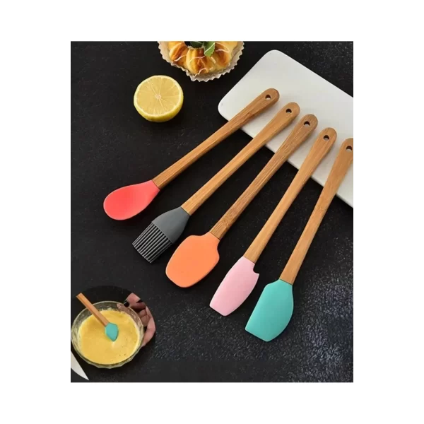 5&#39;li Renkli Ahşap Saplı Silikon Uçlu Spatula Fırçalı Kaşık Seti -yemek Hazırlık Seti 21 Cm