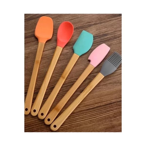 5&#39;li Renkli Ahşap Saplı Silikon Uçlu Spatula Fırçalı Kaşık Seti -yemek Hazırlık Seti 21 Cm