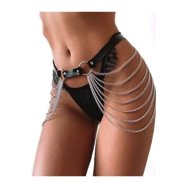 Beli Deri İle Tutturulmuş Zincir İle Süslenmiş Sexi Harness 0233