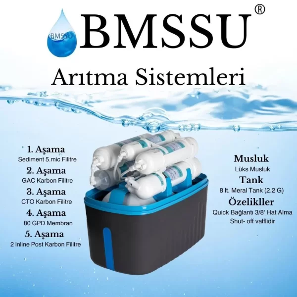 BMS Su Arıtma 5 Aşamalı 8 Lt Çelik Tanklı Pompasız Multi mineralli Su Arıtma Cihazı Premium Seri