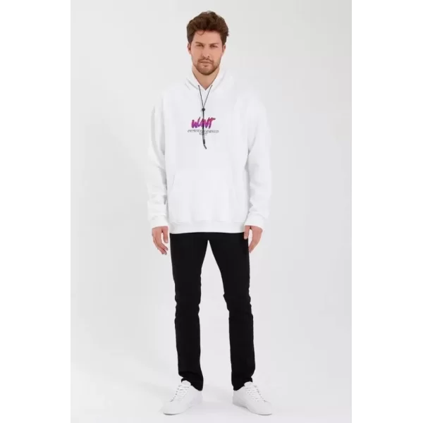 Erkek Baskılı Üç İplik Kapüşonlu Oversize Sweatshirt - Beyaz