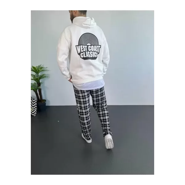 Erkek Baskılı Üç İplik Kapüşonlu Oversize Sweatshirt - Beyaz