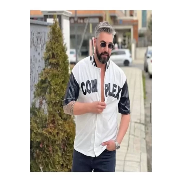 Erkek Complex Kolları Deri Kolej Oversize T-Shirt - Beyaz