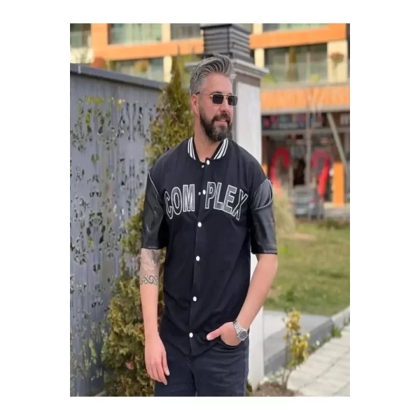 Erkek Complex Kolları Deri Kolej Oversize T-shirt - Siyah