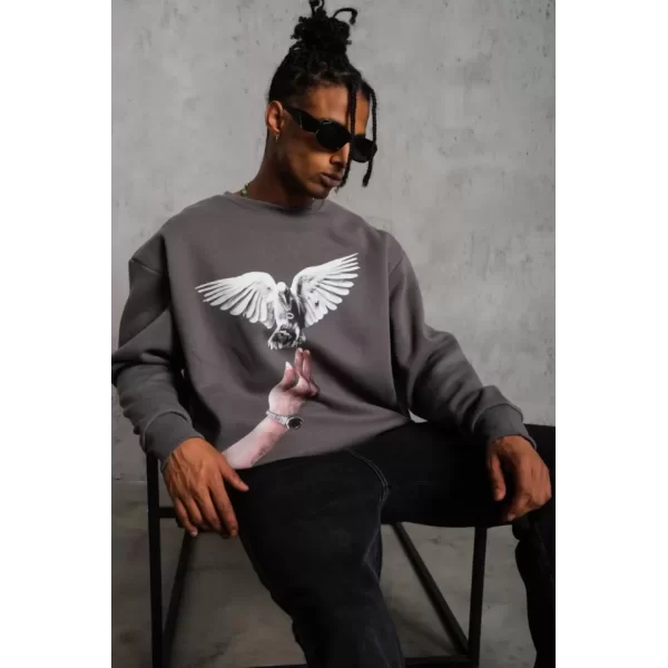 Erkek Güvercin Baskılı Sweatshirt - Gri