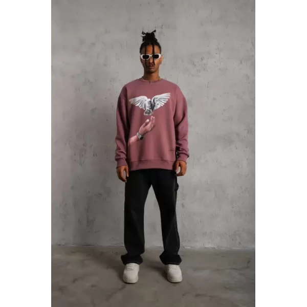 Erkek Güvercin Baskılı Sweatshirt - Gül Kurusu