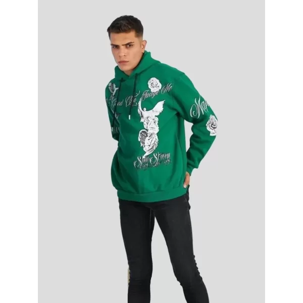 Erkek Kapüşonlu Strong Heykel Baskılı Sweatshirt - Yeşil