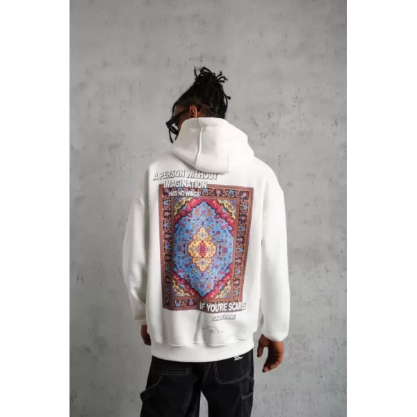 Erkek Kilim Desen Kapüşonlu Sweat- Beyaz