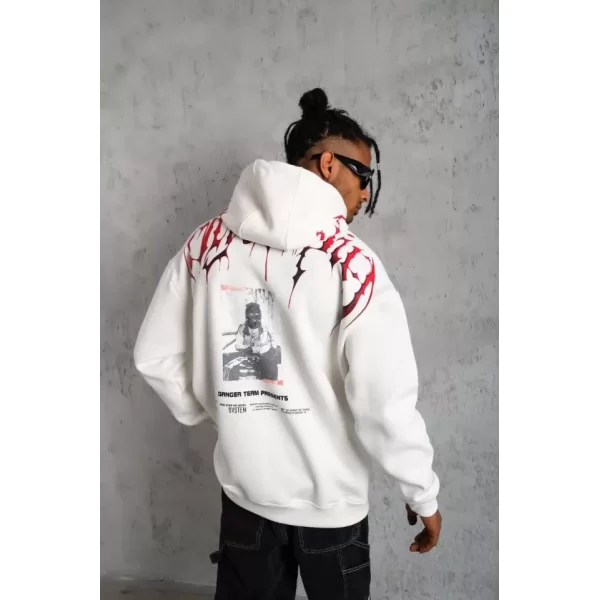 Erkek Ön Ve Arka Baskılı Kapüşonlu 3 İplik Sweatshirt - Beyaz