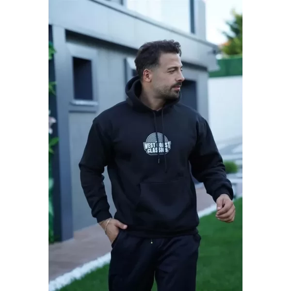 Erkek Sırt Baskılı Kapüşonlu Üç İplik Oversize Sweatshirt - Siyah