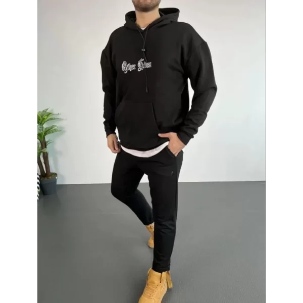 Erkek Sırt Baskılı Oversize Üç İplik Kapüşonlu Sweatshirt - Siyah