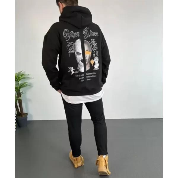 Erkek Sırt Baskılı Oversize Üç İplik Kapüşonlu Sweatshirt - Siyah