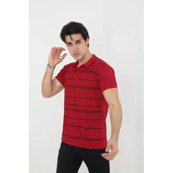 Erkek Yakalı Slim Fit Pike Çizgili T-Shirt - Kırmızı