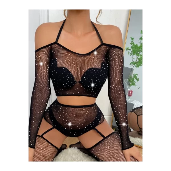 Kadın Göğüs Dekolteli Taşlı Jartiyer Bodysuit Vucut Çorabı