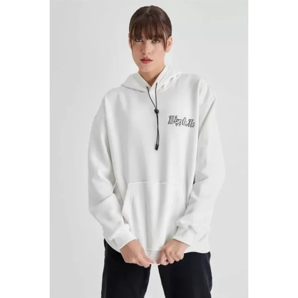 Kapüşonlu Sırt Baskılı Üç İplik Oversize Sweatshirt - Beyaz