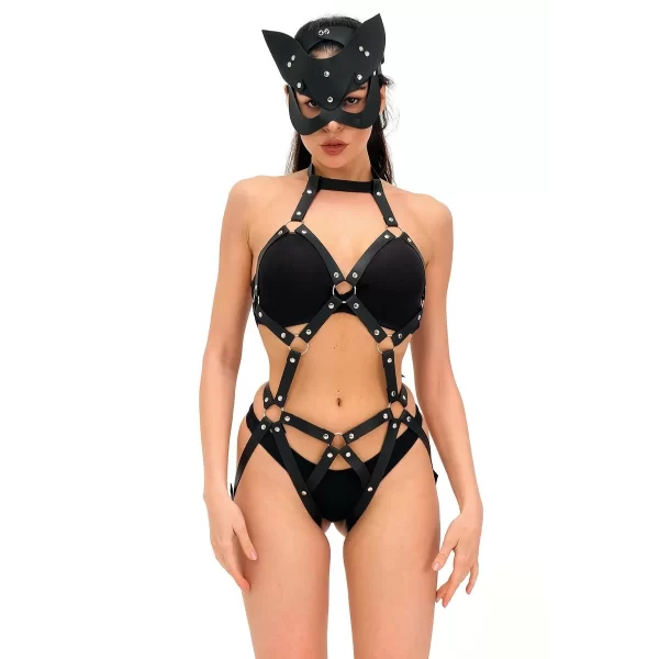 Kedi Maskeli Deri Sexi Babydoll Harnes Takım 800160TAK