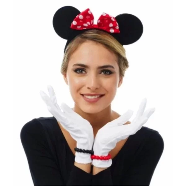 Kırmızı Fiyonklu Minnie Mouse Tacı Ve Beyaz Eldiven Seti