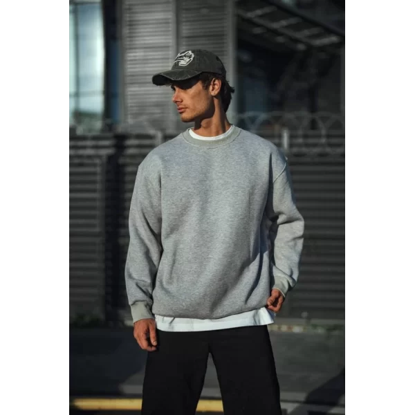 Kışlık Bisiklet Yaka Üç İplik Basic SweatShirt - Gri