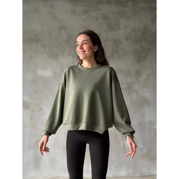 Osy Modal Yumuşak Dokulu Kumaş Bisiklet Yaka Oversize Sweatshirt - Haki