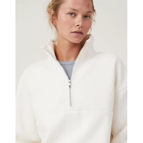 Oversize Yarım Farmuarlı Yakalı Basic SweatShirt - Beyaz