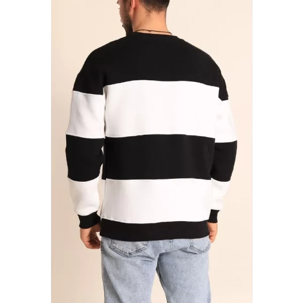 Parçalı Bisiklet Yaka Baskılı SweatShirt - Siyah