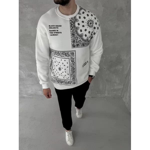 Üç İplik Desenli Bisiklet Yaka Oversize SweatShirt - Beyaz