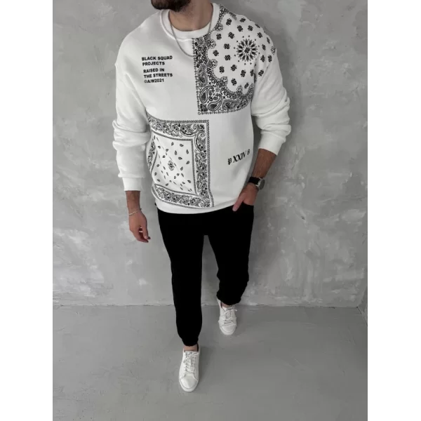 Üç İplik Desenli Bisiklet Yaka Oversize SweatShirt - Beyaz