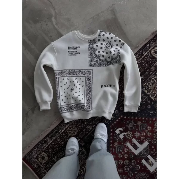 Üç İplik Desenli Bisiklet Yaka Oversize SweatShirt - Beyaz