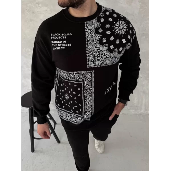 Üç İplik Desenli Bisiklet Yaka Oversize SweatShirt - Siyah