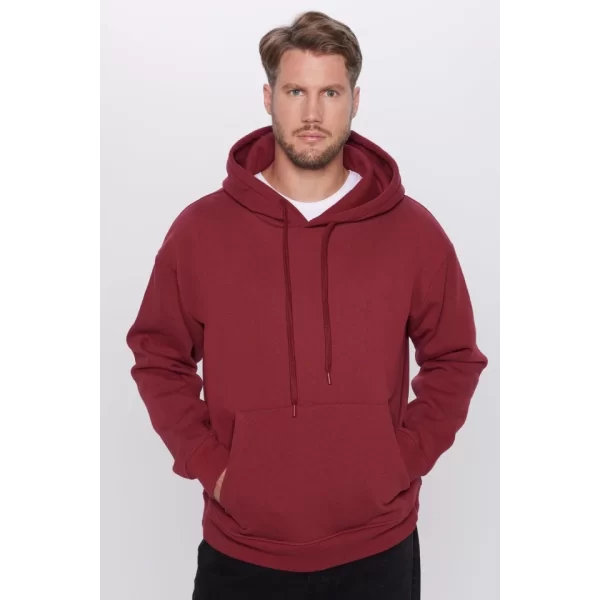 Üç İplik Penye Kapşonlu Basic SweatShirt - Bordo