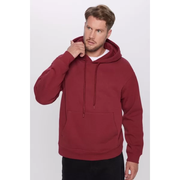 Üç İplik Penye Kapşonlu Basic SweatShirt - Bordo