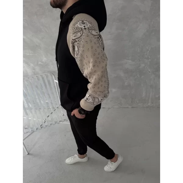 Üç İplik Penye Kapşonlu Parçalı SweatShirt - Siyah