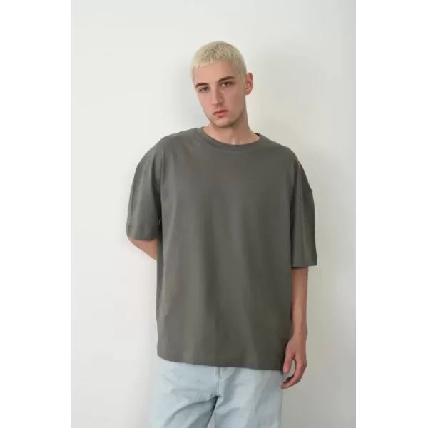 Unisex Basic Bisiklet Yaka Oversize T-Shirt - Füme