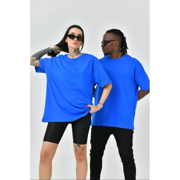 Unisex Basic Bisiklet Yaka Oversize T-Shirt - Mavi